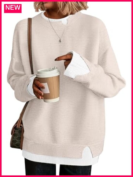Sweaters - Oversized Knit Pullover Sweater Viscose Blend Long Sleeve Crew Neck